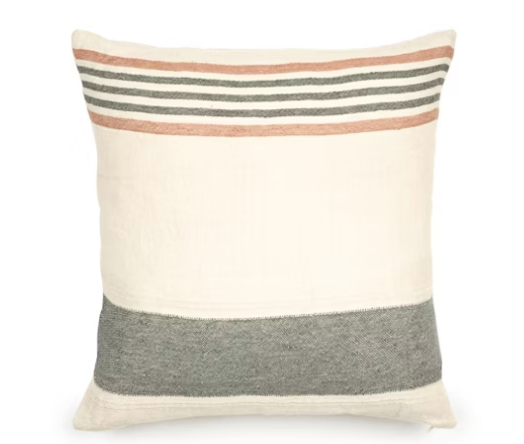 The Belgian Pillow by Libeco Home is a square decorative cover with a cream background, horizontal stripes in grey, pink, and black at the top, and a wide grey band at the bottom—an elegant touch for your home decor.