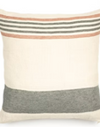 The Belgian Pillow by Libeco Home is a square decorative cover with a cream background, horizontal stripes in grey, pink, and black at the top, and a wide grey band at the bottom—an elegant touch for your home decor.