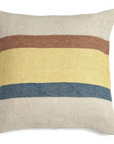 The Belgian Pillow by Libeco Home is a high-quality square throw pillow with a beige background and three horizontal brown, yellow, and blue stripes—ideal for elevating your home decor.