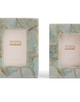 Two Amazonite Frames by Two's Company, featuring a blue-green, stone-inspired mosaic reminiscent of amazonite gemstone—one large and one small—displayed side by side to add calming elegance and unique style to your decor.
