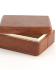 The Tobacco Covered Box LG by Global Views is a brown leather box with visible edge stitching, a partially open lid revealing a light interior—ideal for stylish desk accessories from the Barbara Barry leather collection, shown on a plain white background.