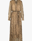 The Cosmos Dress by SUNCOO is a loose-fit, long-sleeve, floor-length chiffon dress in tan and brown leopard print, featuring a belted waist, ruffled collar, and tiered skirt. Made from 100% viscose; hand wash recommended.