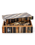 The Horn Covered Box by Two's Company is a rectangular decorative storage box with a partially open lid, featuring a striped brown, black, tan, and cream pattern—ideal for jewelry storage with its matching interior.