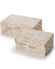 Two's Company Basketweave Bone Boxes, light-colored with lids, are arranged side by side on a white background.