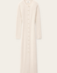 The BA&SH Dress Anisa is a long, cream ribbed knit wool dress with long sleeves, a round neckline, and front button closure from neck to hem.