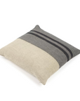 The Libeco Home Black House Stripe Pillow features a square color-block design with beige, light gray, and dark gray stripes on white. Designed for a 25x25 insert, it offers plush comfort and modern style.