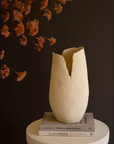 The Bloom Flower Vase L by Kalalou, Inc—a beige, textured vase with an irregular opening—rests on two books atop a round white pedestal, displaying rust-colored dried flowers against a dark brown backdrop.