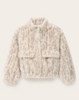 The BA&SH Coat Saros is a loose fit, cropped jacket in cream and light gray leopard-print faux fur, featuring a shirt collar, front button closure, and two flap chest pockets for a chic look.