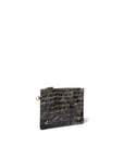 The Jerome Dreyfuss Popoche M Pouche is a small, rectangular black leather pouch with a crocodile-textured pattern, gold zip closure, and gold ring key fob, shown on a plain white background.