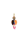 The Daniel Multico Charm by Jerome Dreyfuss is a whimsical leather pendant with a beaded head, brown and orange wings, blue and gold body, and pink legs—perfect to accessorize your bag. Shown against a white background.