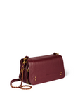 The Jerome Dreyfuss Bobi Bag in burgundy goatskin features a gold chain and leather shoulder strap, gold studded corners, and a flap closure, shown against a plain white background.