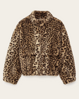 The BA&SH Coat Jaros Leopard is a brown and black leopard print faux fur jacket made of polyester, featuring long sleeves, a high collar, button front, and two pockets, shown against a light background.