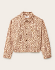 The BA&SH Jacket Tullia features a beige and brown paisley pattern, button-up front, collar, long sleeves, two chest pockets, and a cropped hem. Made from 100% cotton with the “ba&sh” label inside the collar.
