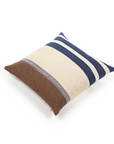 The Libeco Home Marina Stripe Pillow 20x20 features brown, beige, and blue horizontal stripes on a white background and comes with a 20x20 insert for extra comfort.