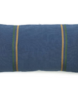 The Max Pillow by Libeco Home is a rectangular blue 25x25 lumbar pillow featuring two sets of vertical green and brown stripes near each end, shown against a white background.