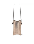 The Louis Mobile Holder by Jerome Dreyfuss is a small, rectangular crossbody bag with a metallic gold textured finish, black cord adjustable shoulder strap, and two front metal studs, shown against a white background.