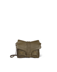 The Jerome Dreyfuss Harry Handbag, crafted from olive green goatskin, features a flap closure, gold-tone stud accents, decorative stitching, and a matching adjustable strap. It is displayed against a plain white background.