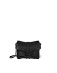 The Jerome Dreyfuss Harry Handbag is a small black goatskin crossbody with a front flap, bow-like detail, gold stud accents, subtle stitching, and a thin adjustable strap, shown against a white background.