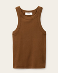 The BA&SH Top Cynda is a sleeveless, ribbed brown tank with a round neckline, shown flat on a beige background. Made from eco-friendly fabric for modern bohemian style, it features a visible white tag with text inside the collar.