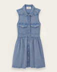 The BA&SH Dress Ilona is a sleeveless mini dress in light blue denim, featuring a collared neckline, button-down front, two chest pockets, and a gathered skirt, made from soft organic cotton and shown flat on a neutral background.