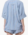 A person shown from the back in a Claire Origami Stripe short-sleeved, light blue button-up shirt with white vertical stripes and matching shorts by Citizens Of Humanity/AGOLDE, set against a white background.