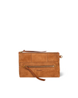 Caramel leather clutch with gold accents, front zip pocket, and wrist strap by Jerome Dreyfuss.