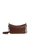 Small brown croc-embossed leather bag with gold hardware and braided chain strap by Jerome Dreyfuss.