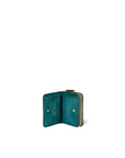 Teal leather Henri Zip Wallet by Jerome Dreyfuss, open to show snap and zip coin compartments on white background.