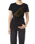 Jerome Dreyfuss Lino Banane leopard print crossbody bag styled with all-black outfit, worn over the shoulder.