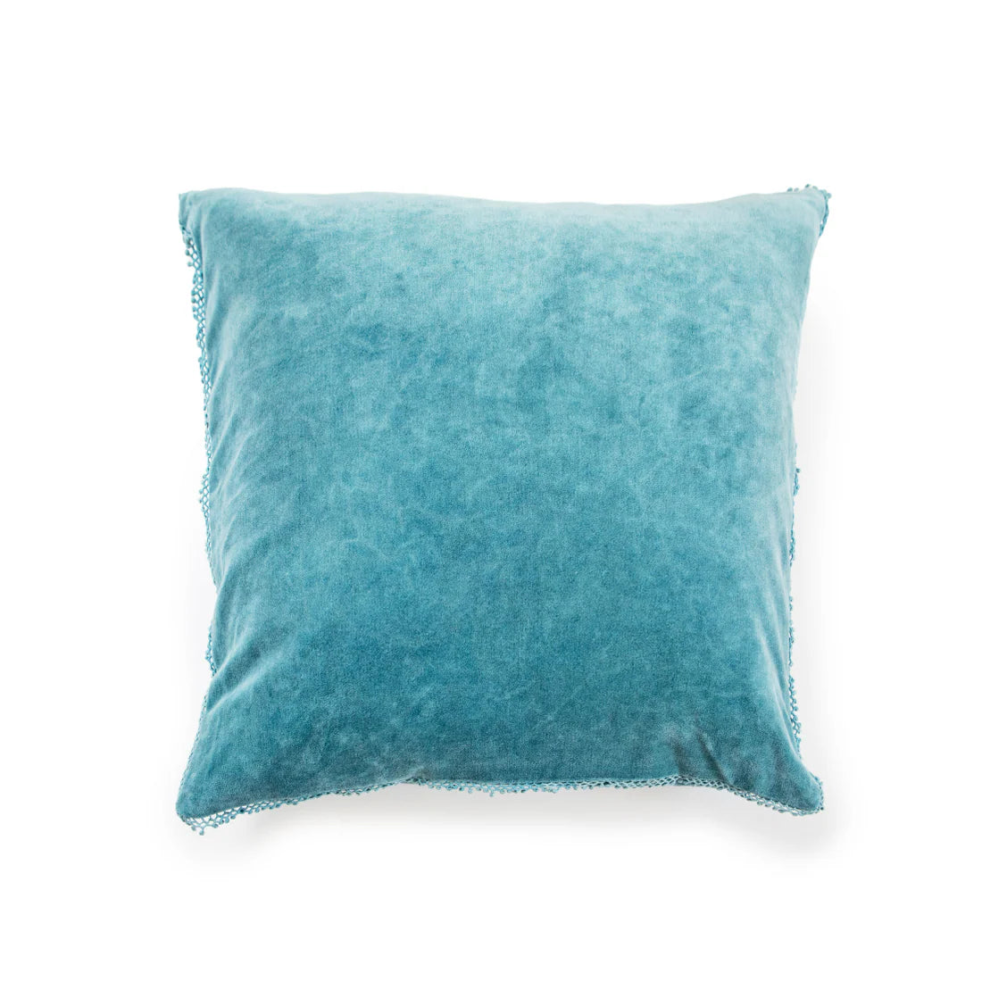 The Velvet Pillow W/ Poms by Sugarboo Designs is a square, blue velvet accent pillow featuring slightly uneven corners and subtle texture, shown against a plain white background.