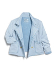 The MINI BELFAST Crop Peacoat by Frank & Eileen features notched lapels, two front pockets, beige buttons, and soft textured fabric. Its light blue design includes stylishly rolled-up sleeves for a relaxed look.