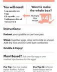Wild Rye Almond Flour Pancake Mix infographic: details nutrient-rich ingredients, preheating, whisking, cooking tips, plant-based egg alternative, waffle iron instructions, kid-friendly full-box prep ideas, and leftover batter storage.