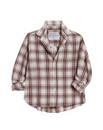 The Frank & Eileen Silvio Untuckable Shirt is a maroon and beige plaid, long-sleeve button-up made from soft Italian flannel, featuring a collar, cuffed sleeves, an oversized envelope pocket, and "Frank & Eileen EST 1947" tag.