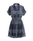 Short-sleeve paisley button-up dress with relaxed collar and flared skirt by Hunter Bell NYC, Inkwell Paisley.