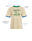 The Tennis Club Tee by Hunter Bell NYC is a cream ringer tee with green collar, blue sleeve cuffs, and “Hunter Bell Tennis Club” graphic on the front. Features contrast color details and soft jersey knit fabric.