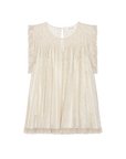 The Keepsake Lace Shell Top by The Great Inc. is a cream short-sleeve Victorian blouse with sheer panels, pleated details, and lace trim on sleeves and hem, shown against a white background.