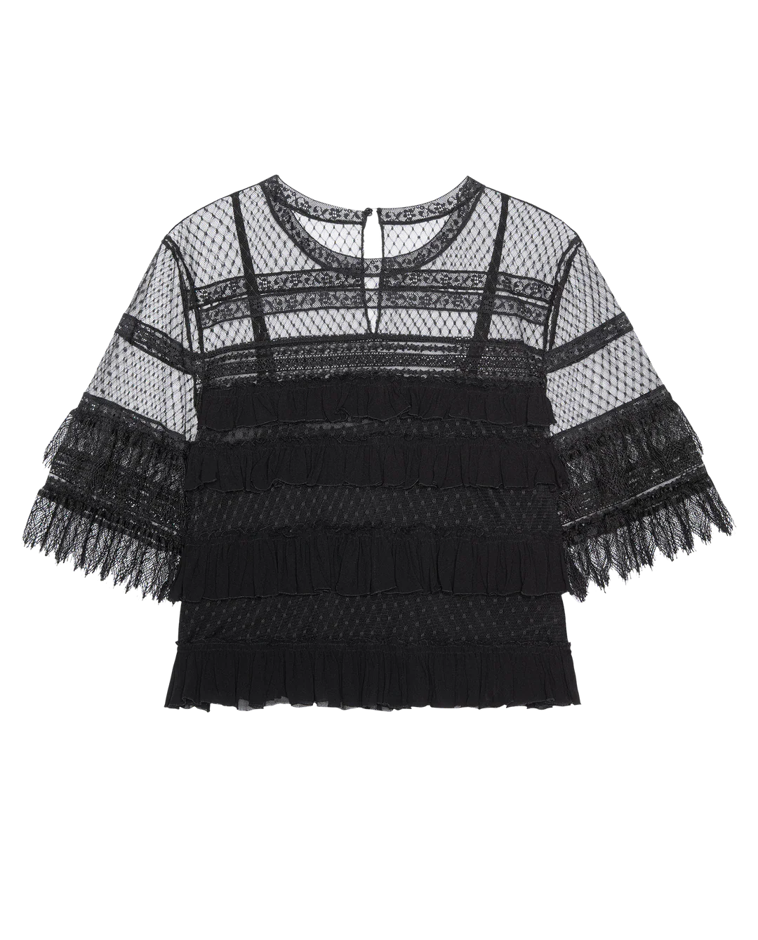 The Winter Mesh Flounce Top by The Great Inc. is a black lace blouse with sheer dotted mesh, half-length sleeves, tiered ruffles, a round neckline, and a back button closure for a vintage-inspired look.