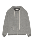 Heather grey fleece hoodie with white drawstrings and ribbed cuffs by The Great Inc., features front pockets.