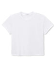 The Springsteen Baby Tee by Perfectwhitetee is a plain white short-sleeve crewneck t-shirt made from soft Supima cotton, shown laid flat against a white background.