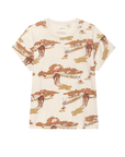 The Boxy Crew by The Great Inc. is a cream 100% cotton short-sleeve tee featuring a vintage-inspired all-over print of horseback riders and scenic backgrounds in brown, tan, and muted red hues.