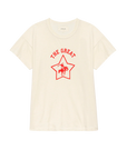 The Boxy Crew by The Great Inc. is a cream 100% cotton tee featuring red "THE GREAT" text, a star outline, and a one-legged bird graphic. Made in the USA for enduring comfort and quality.