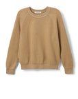 The Ziggy Reverse LS Sweatshirt by Perfectwhitetee is a tan, long-sleeve crewneck made from soft, textured cotton fleece with ribbed cuffs, hem, and neckline. Its shrunken fit is shown against a plain white background.