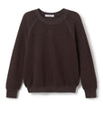 The Ziggy Reverse LS Sweatshirt by Perfectwhitetee is a dark brown, long-sleeved top made from soft cotton fleece with ribbed cuffs, hem, and neckline. Bracelet-length sleeves add a modern touch. Displayed on a white background.