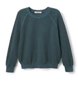 The Ziggy Reverse LS Sweatshirt by Perfectwhitetee in teal features bracelet-length sleeves, ribbed cuffs and hem, and is made from soft, textured cotton fleece. Displayed against a plain white background.