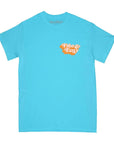 The SUNDEK/KickoffUSA T-SHIRT is bright blue with an orange and white "Free & Easy" graphic on the left chest, shown on a plain white background.