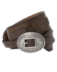 The Great Inc. Tooled Waist Belt features brown top-grain leather with an embossed paisley pattern and a large, ornate silver buckle—an elegant choice for any western belt collection.