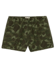 The Dolphin Short by The Great Inc.—a pair of green camo cotton sateen shorts with an elastic waistband—shown flat on a white background.