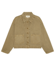 The Great Inc. Rancher Jacket in tan, made from cotton herringbone denim with long sleeves, a collar, and two front pockets, shown flat on white for a timeless vintage workwear look.