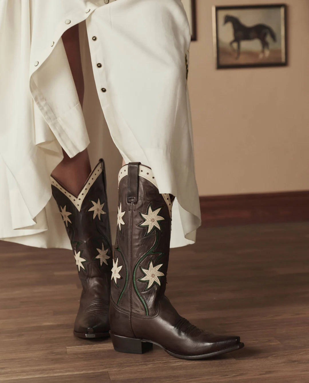 black and white dress brown boots Untitled