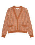 The Great Inc. Varsity Cardigan features rust-colored cotton, a geometric white pattern, V-neckline, button-down front, two pockets, and ribbed trims for vintage-inspired style. Shown laid flat on a white background.